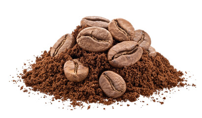 Poster - Pile of ground coffee and coffee beans isolated on white background