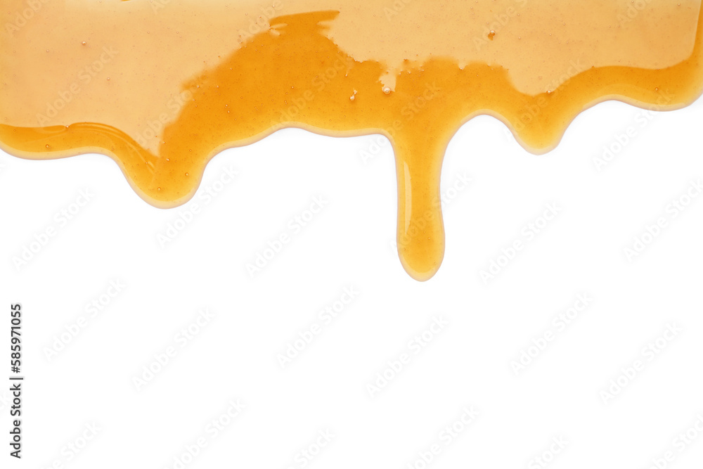 Spilled maple syrup on white background, closeup