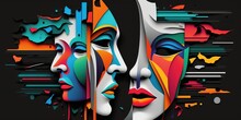 Abstract Panorama Background Faces Collage With Black And White Colors And Elements. Psychology And Stress Wallpaper Illustration