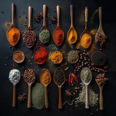 Wall Mural - Top view of wooden spoon with different types of spices over dark background. Generative AI