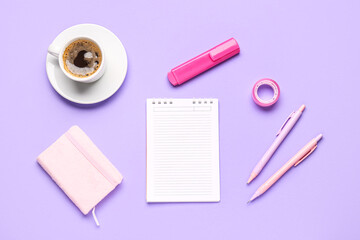 Wall Mural - Composition with blank notebook, coffee cup and stationery on purple background