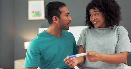 Canvas Print - Black couple celebrate positive pregnant test result and amazing, surprise and wow baby news in bedroom at house. Happy black woman smile with child pregnancy success surprise announcement for man