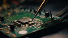 Soldering Iron Solder The Computer Chip On Circuit Board. Closeup Generative AI