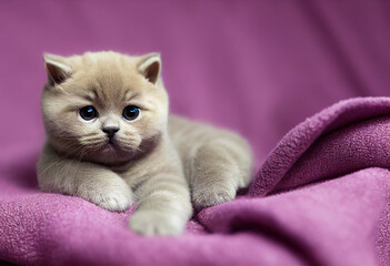 Wall Mural - small cute baby British Shorthair kitten is lying on pink blanket, generative AI