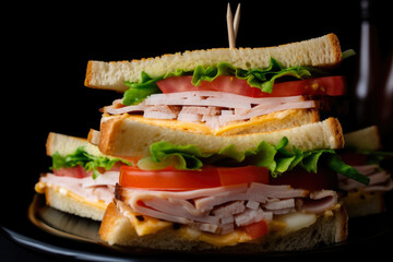 Close-up of a Triple Decker Club Sandwich Filled with Turkey, Ham, Cheese, and Tomatoes, Perfectly Stacked and Ready to be Devoured, generative ai