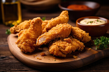 Close-up of a tray with fried chicken tenders, coated in seasoned breadcrumbs, served with a side of honey mustard dipping sauce, generative ai