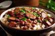 Close-up of a steaming hot bowl of red beans and rice with juicy and tender pieces of smoked sausage on top, generative ai
