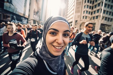 Wall Mural - female marathon runner  wearing a hijab is taking a selfie while running through a crowd of other runners, with the city skyline in the background , wide angle view. Generative AI