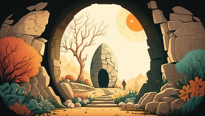 Wall Mural - Where Hope and Grieving Merge: An Empty Tomb Illustration Generative AI