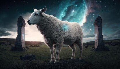 Wall Mural - The Mystic Wanderer: A Magical Lamb's Journey Through a Mystical Land Generative AI