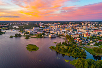 Wall Mural - Sunset panorama view of center of Finnish town Oulu