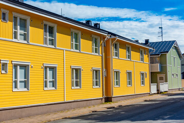 Sticker - Colorful timber houses in Neristan district of Finnish town Kokkola