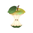 Jabłko - ogryzek. Ilustracja zielonego ogryzionego jabłka z listkiem i pestkami.