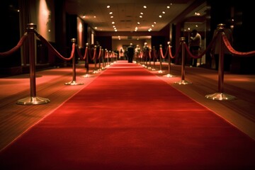 Canvas Print - Luxury red carpet with selective focus. Blurred defocused background as copy space. AI generated, human enhanced