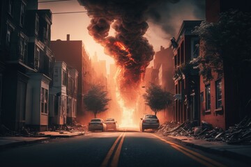 Wall Mural - A burned city street with no life apocalyptic scene, selective focus. AI generated, human enhanced