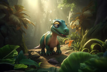 Cute Green Dino In Jungle