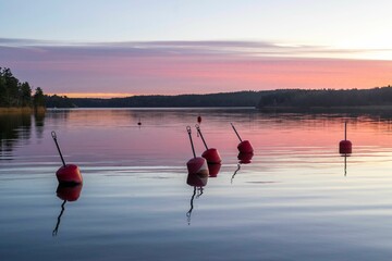 Poster - Beautiful pink sunset reflecting on the surface of the water with buoys