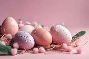 Canvas Print - group of white eggs on a pastel pink background created with Generative AI technology