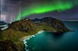 Magical scenery of the beautiful green aurora lights above the mountains and sea