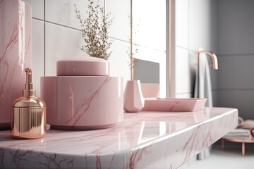 Sticker - luxurious bathroom vanity with pink marble and gold accents created with Generative AI technology