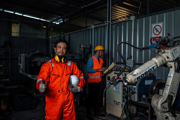 Engineer team service robot welding working in automation factory. People worker in safety suit work robotic arm software programming or replacing part in automated manufacturing industry technology