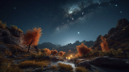 Wall Mural - Fantasy landscape with forest and milky way. Generative AI