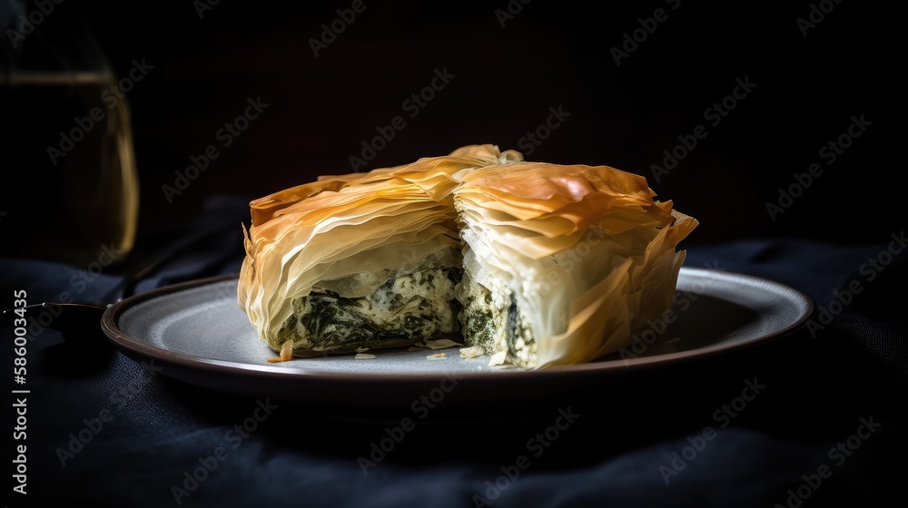 A stunning photo of a traditional Greek spanakopita