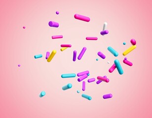 Poster - 3D render of colorful sugar sprinkles on a pink background