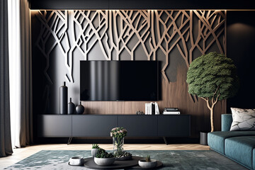 Wall Mural - A luxurious living room featuring exquisite architecture with wooden wall and furniture. Generative ai illustration