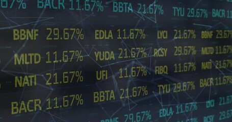 Canvas Print - Animation of financial data processing with network of connections over black background