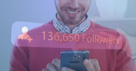 Poster - Animation of increasing followers against mid section of caucasian smiling while using smartphone