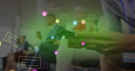 Animation of neon profile and message icons over mid section of a man using smartphone at office