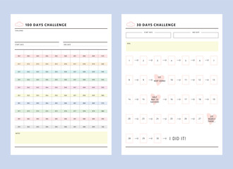 100 30days challenge cloud Planner. Minimalist planner template set. Vector illustration.