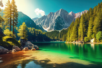 Bright morning scene of Julian Alps with Mangart peak on background, Province of Udine, Italy, Europe. Generative Ai