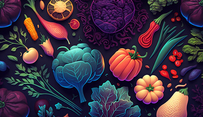 Vegetable pattern hand-drawn illustrations with bold, vibrant colors. Generative AI.