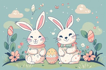 Sticker - Illustration of two adorable rabbits cuddling together in a green meadow created with Generative AI technology