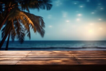 Canvas Print - wooden table overlooking the sea with a scenic view created with generative ai technology