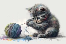 A Playful Kitten With A Watercolor Ball Of Yarn Generative AI