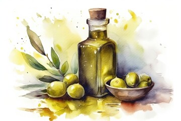 Poster - still life painting featuring olives and a bottle of olive oil created with Generative AI technology