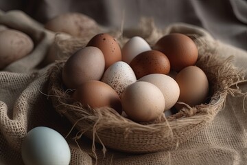 Canvas Print - wicker basket filled with fresh eggs on a rustic wooden table created with Generative AI technology