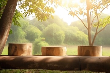 Wall Mural - wooden bench surrounded by trees in a peaceful forest setting created with Generative AI technology