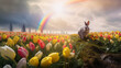 Hase auf einem Feld Tulpen und Regenbogen / Tier und Natur Poster / Landschafts Wallpaper / Ai-Ki generiert