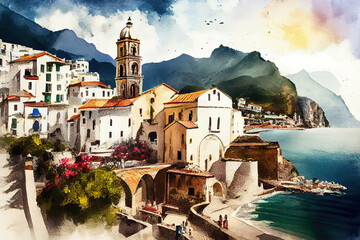 Wall Mural - Landscape with Atrani town at famous amalfi coast, Italy. Generative Ai