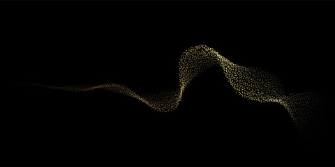 Abstract dots particles flowing wavy gold light isolated on black background. Vector illustration design elements in concept of luxury, technology, energy, science, music.