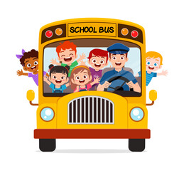 Sticker - little kids boy and girl ride school bus and go to school