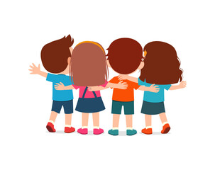 Sticker - little kids huddle together with friends and feel happy, back view