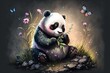A cute panda bear sitting in the grass with a butterfly