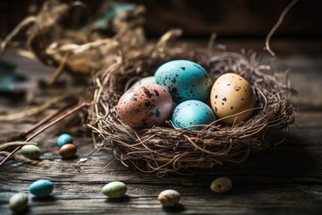 Wall Mural - birds nest with eggs on a wooden surface created with Generative AI technology