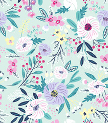 Wall Mural - Garden flower, plants, botanical, seamless design for fashion, fabric, wallpaper and all prints on mint green background color. Cute pattern in a small flower. Small colorful flowers.