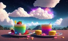 Generative AI. Discover the taste of the rainbow with this surreal cup of tea. Rainbow cocktails mingle in a vibrant liquid, while colorful drops and splashes grace the table. A small cloud above the 